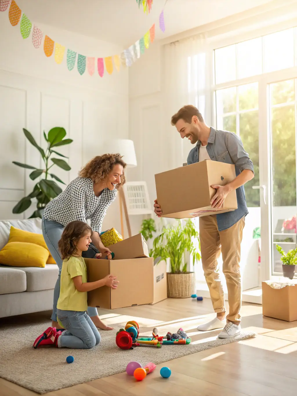 A smiling family unpacking boxes in their new home, symbolizing a seamless and happy moving experience.