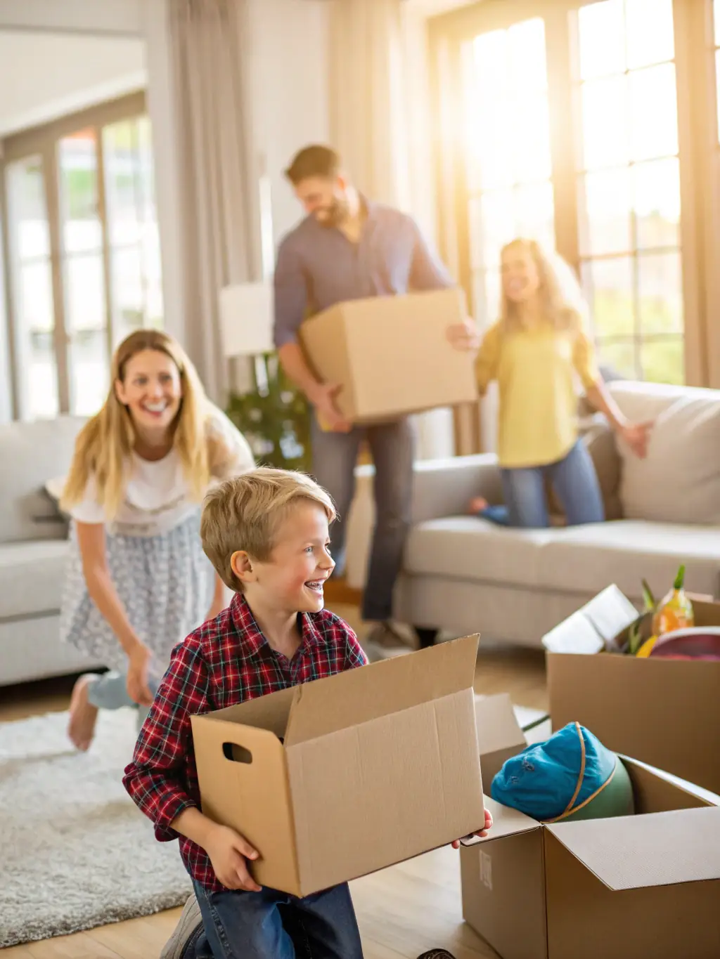 A family happily unpacking boxes in their new home, representing the seamless and stress-free moving experience provided by Movecleanfix.