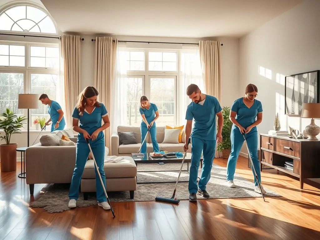 A team of cleaners in uniform thoroughly cleaning a modern living room with professional equipment.