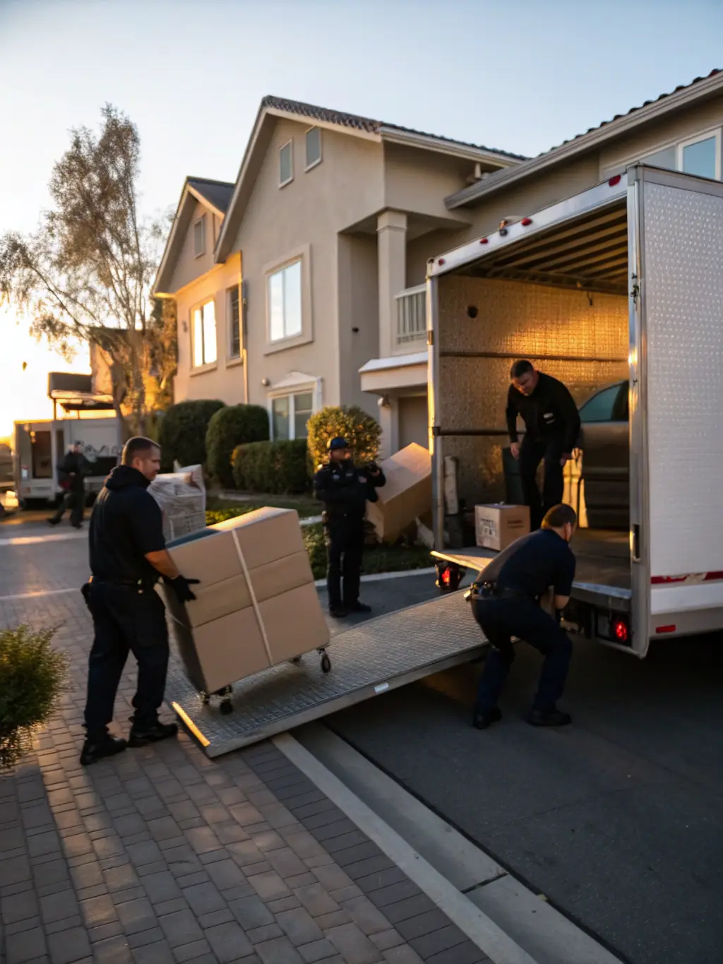 A team of professional movers carefully packing and loading boxes into a moving truck, showcasing reliability and care.
