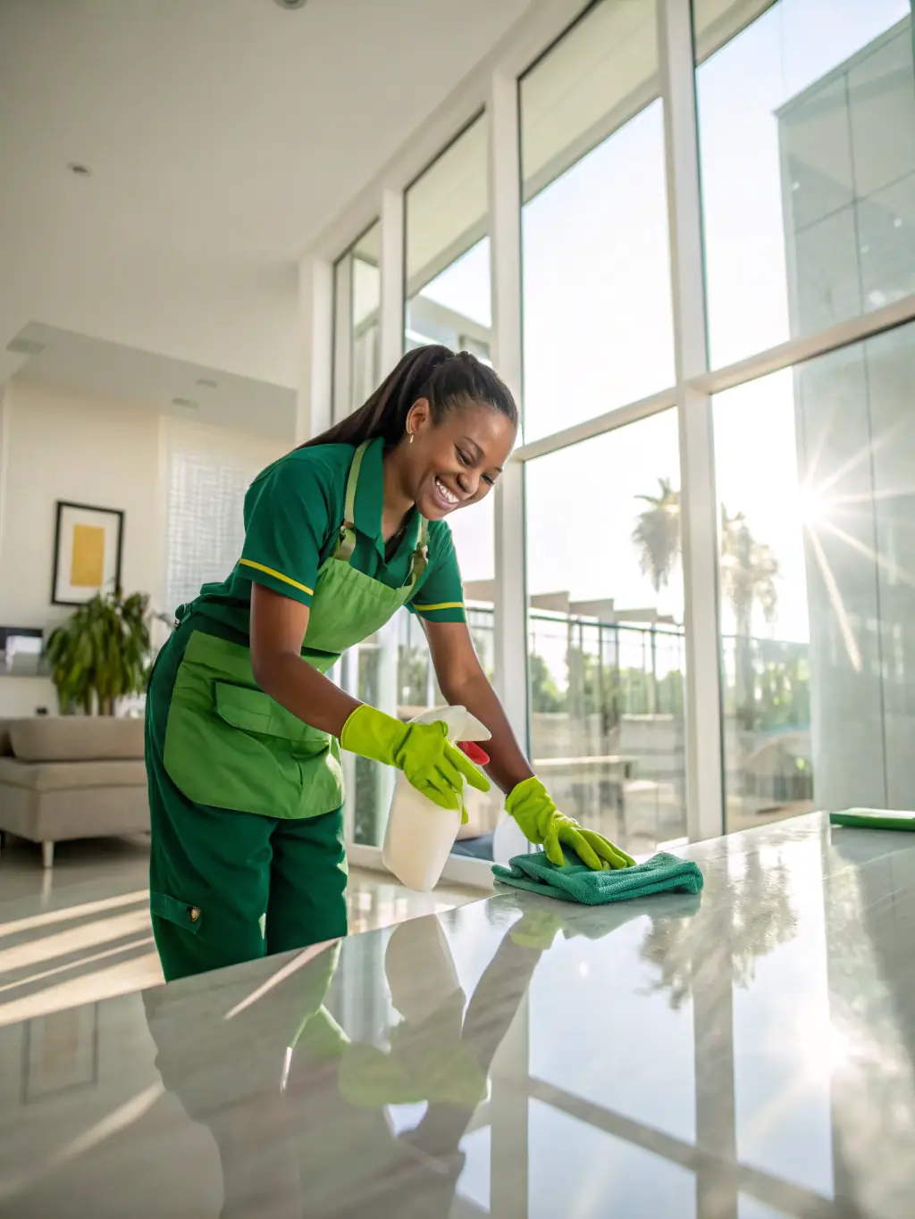 A professional cleaner using eco-friendly products to clean a living room, symbolizing the thorough cleaning services provided by Movecleanfix.
