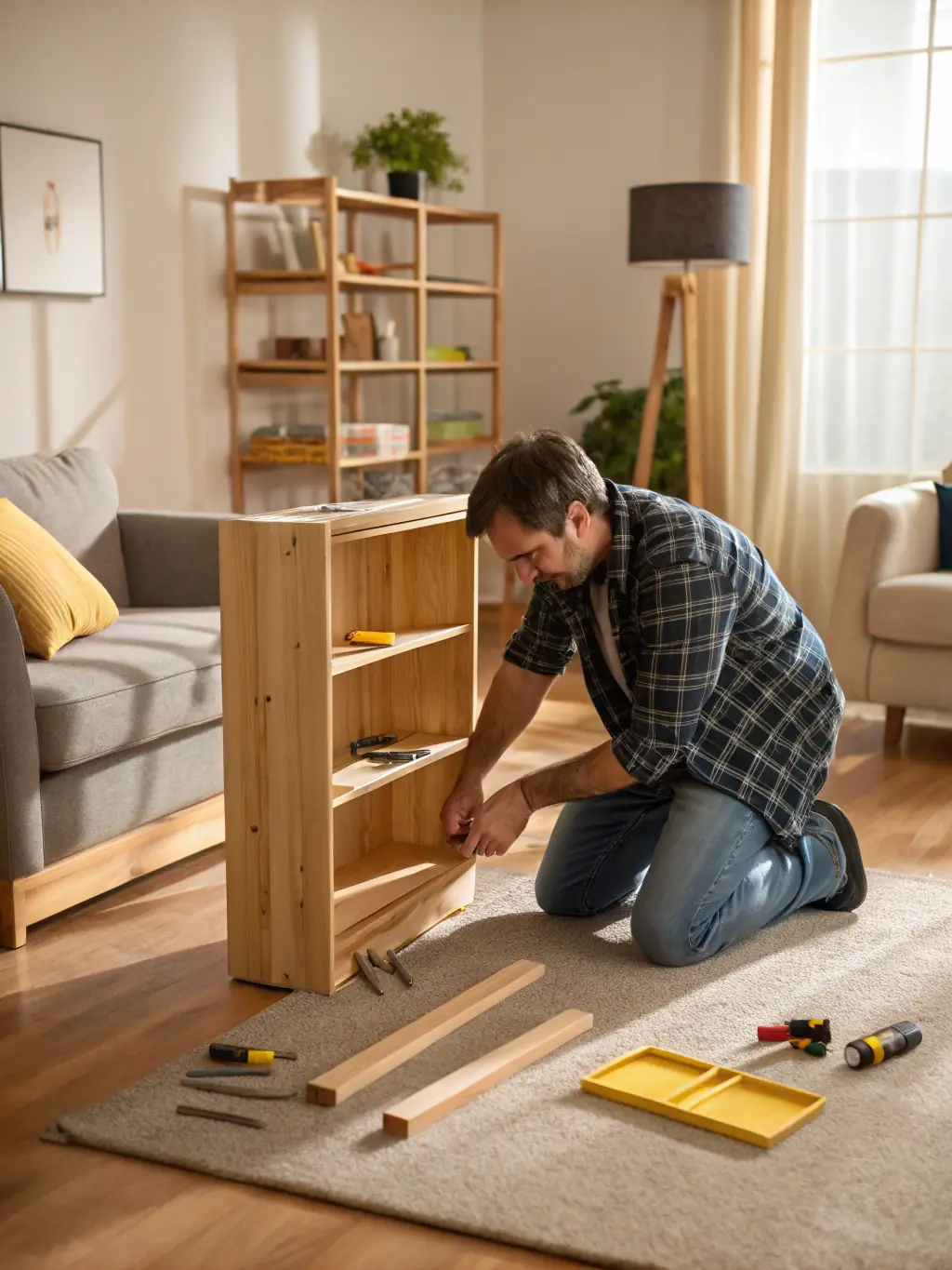 A handyman assembling furniture in a newly moved-in home, showcasing the handyman solutions offered by Movecleanfix.