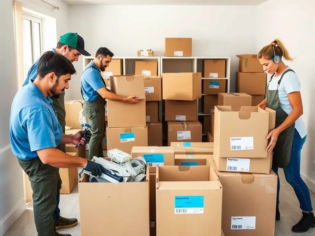 A professional moving team carefully packing household items into labeled boxes in a well-lit, organized space.