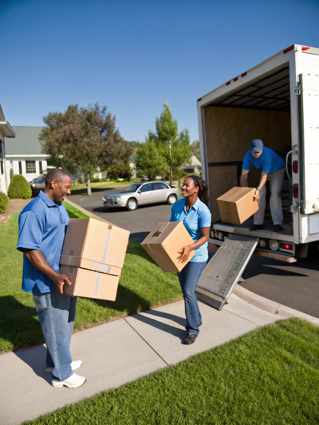 A team of professional movers carefully packing and loading boxes into a moving truck, representing the comprehensive moving services offered by Movecleanfix.